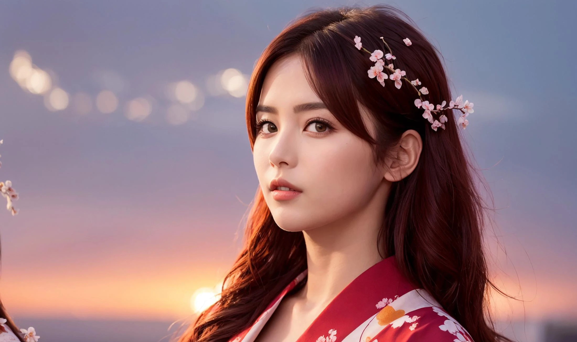 detailed clothes, pink clothes, blunt bangs, braid, (((1 girl:1.4))),(medium breasts:1.4), cleavage, wide-sleeved kimono, hair ornament, (red obi:1.4), (light red hair:1.4), very long hair, straight hair, detailed face, cool face, (smooth chin:0.85), closed mouth, long eyelashes, sharp eyes, looking at viewer, beautiful eyes, detailed eyes, thick eyebrows, red eyeshadow, symmetry eyes, skirt, (sunset:1.4), from side, (Plum blossom:1.5),photon mapping, physically-based rendering, RAW photo, highly detailed background, (photo realistic:1.35), high res, perspective, facing front,