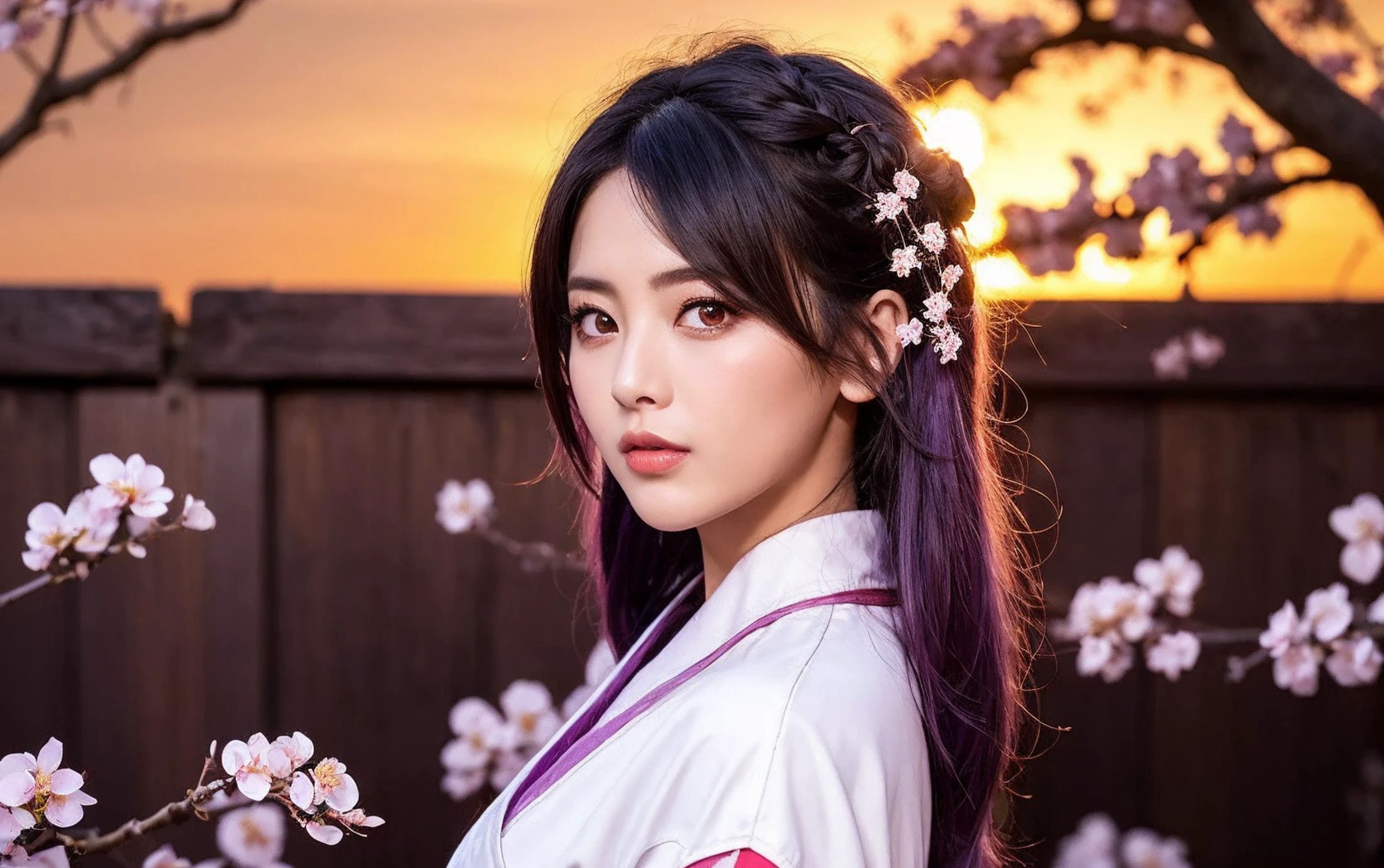 RaidenShogun, detailed clothes, white clothes, blunt bangs, braid, (((1 girl:1.4))),(medium breasts:1.4), cleavage, wide-sleeved kimono, hair ornament, white japanese clothes, (red obi:1.4), (light purple hair:1.4), very long hair, straight hair, detailed face, cool face, (smooth chin:0.85), closed mouth, long eyelashes, sharp eyes, looking at viewer, beautiful eyes, detailed eyes, thick eyebrows, red eyeshadow, symmetry eyes, skirt, (sunset:1.4), from side, (Plum blossom:1.5),photon mapping, physically-based rendering, RAW photo, highly detailed background, (photo realistic:1.35), high res, perspective, facing front,