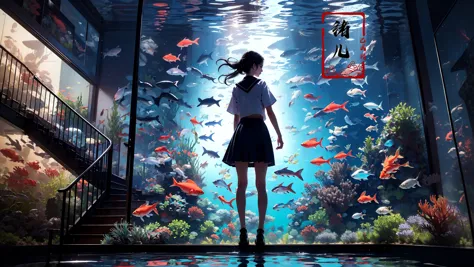 1girl, fish, stairs, scenery, solo, skirt, railing, black hair, standing, school uniform, short hair, aquarium, underwater, sera...