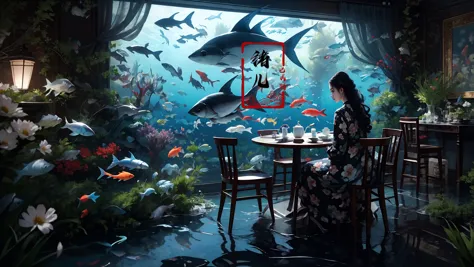 1girl, fish, chair, table, solo, sitting, black hair, scenery, lantern, teapot, flower, cup, teacup, long hair, floral print, fr...