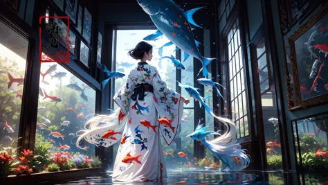 1girl, fish, solo, indoors, painting (object), white hair, short hair, plant, japanese clothes, standing, goldfish, holding, sun...