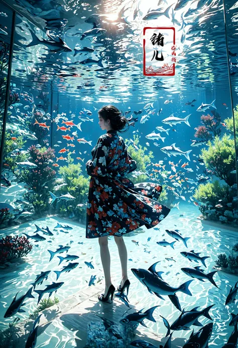 tema rojo fluorescente, pez, aquarium,  solo,1 chica, escenario, agua
