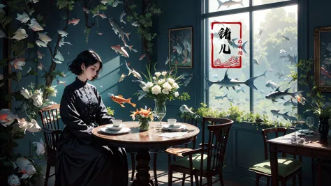 fish, 1girl, solo, window, sitting, dress, indoors, curtains, chair, black dress, plant, table, vase, long sleeves, flower, tree...