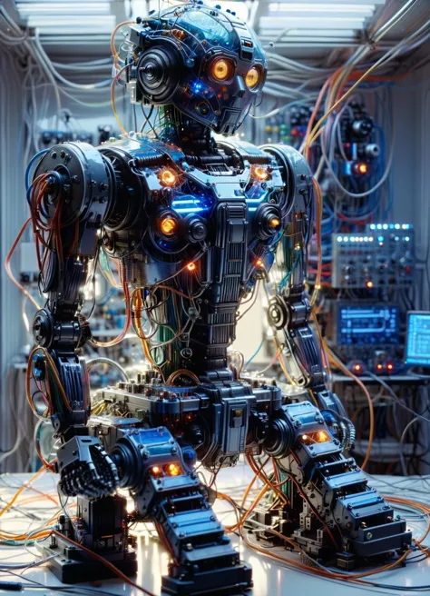 ((Johnny 5)), in a laboratory full of wires and cables connected to a pop 70's  plexiglass robot, 80 degree view, art by Sergio ...
