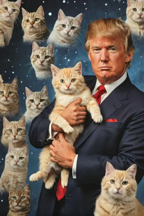 a close up of a person holding a cat in front of a bunch of cats