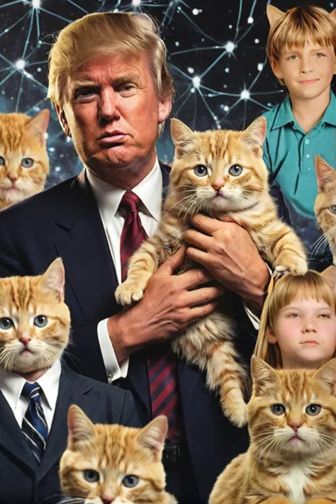 arafed image of a man holding a bunch of cats