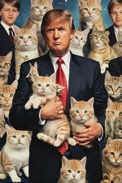 arafed image of a man in a suit holding a bunch of cats