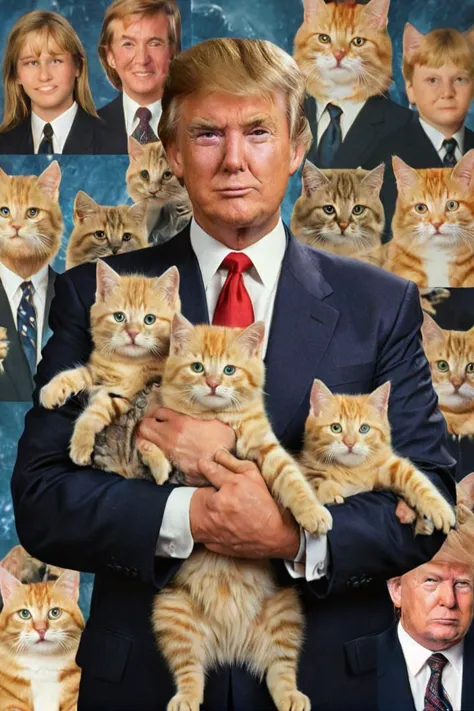 1990s school photo of donald trump holding a cat, <lora:awkwardcatphotoxl:0.8> meme, x holding y, (photo inset of z: 1.1), double exposure, laser background or space background, family photo