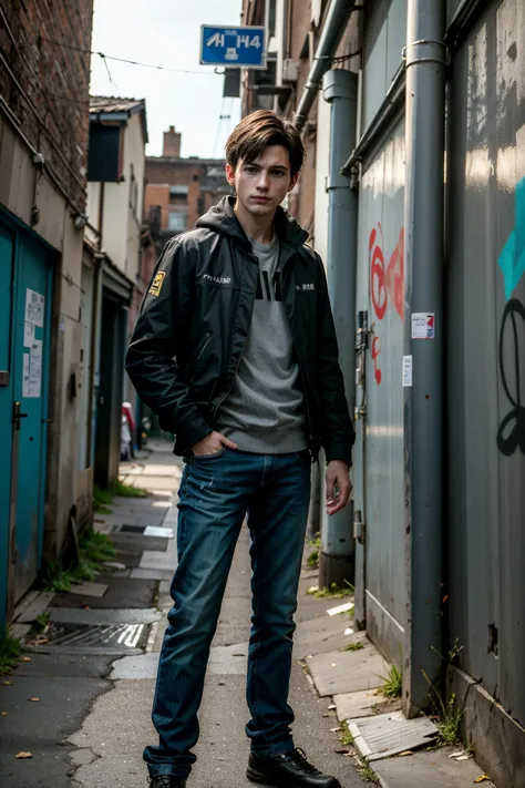 arafed young man standing in a alley with a skateboard