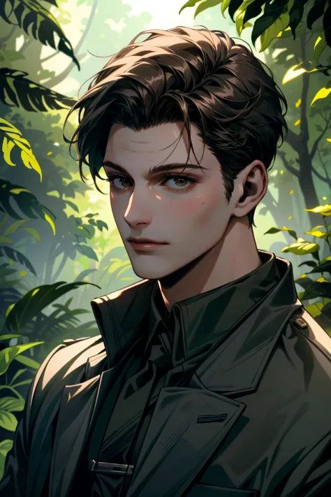 a close up of a man in a jacket standing in a forest