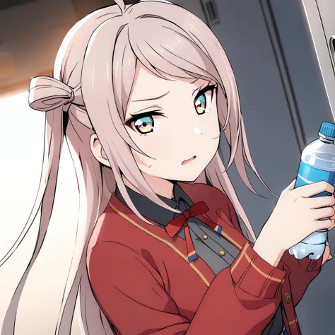 anime girl with long hair holding a water bottle in her hand