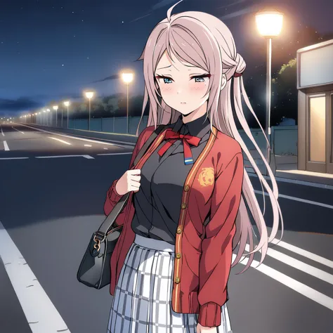 anime girl with long hair and a red jacket standing on a street