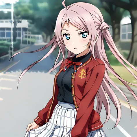 anime girl with long pink hair and a red jacket