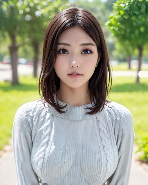 pureerosface_v1:0.3, best quality, photorealistic, 8k, high res, full color, 1girl, woman, 20 years old woman, (closed mouth:1.43), (skindentation), (portrait:0.6), trees, park bench, daylight, ((park background:1.52)), full color, ((necksweater:1.68)), lo...