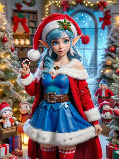 a close up of a person in a costume near a christmas tree