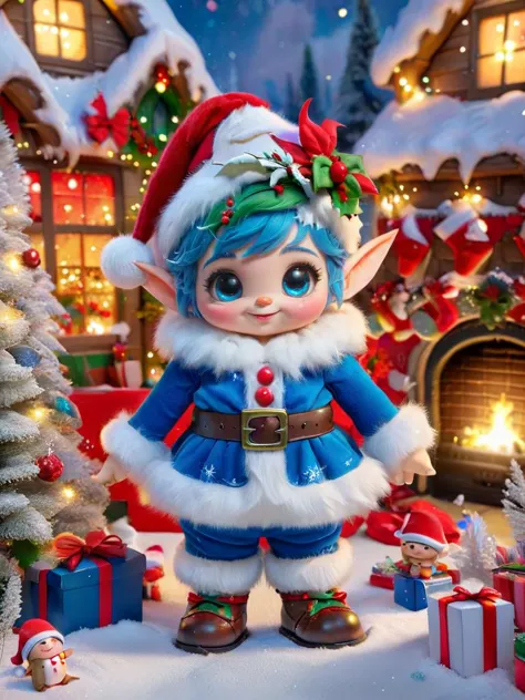 a close up of a doll with a santa hat and a blue outfit