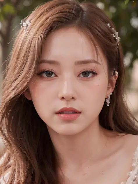 (photorealistic:1.2), realistic, 8k, raw photo, Fujifilm, tzu, (detailed face:1.0), highres, (upper body:1.2), realistic eyes, perfect skin, white skin, moist lips, soft lighting, (long hair:1.2), windy, cloud, sunlight, elegant, rich, dress, tiara, long sleeves, skirt, looking at viewers, (closed mouth:1.1), 