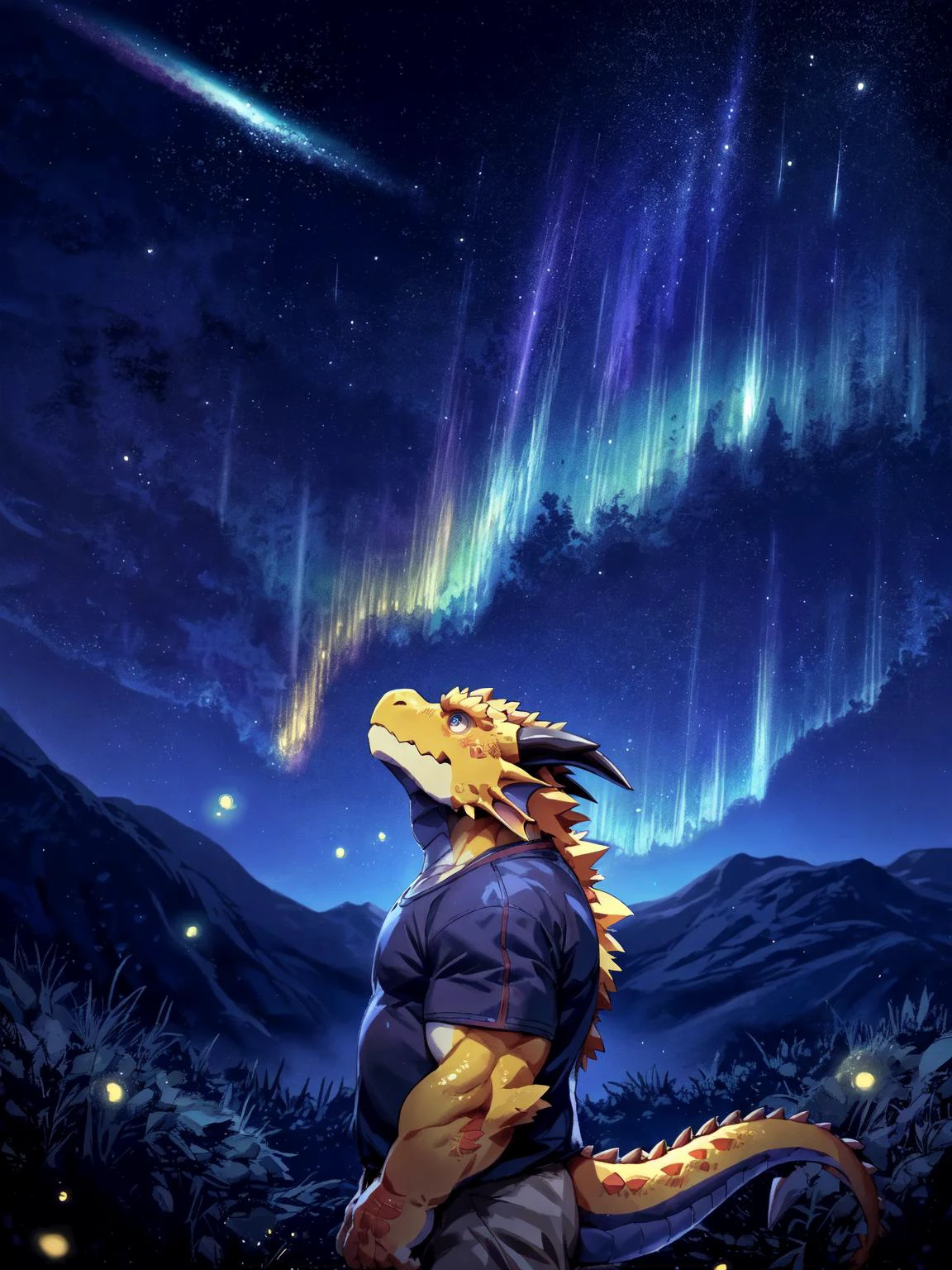 solo, male, mature male, (male anthro dragon:1.3), (yellow body:1.1), (standing:1.3), (kemono:1.2), (starry sky:1.23), t-shirt, (clothed), (looking up:1.4), raised head, (side view), galaxy, aurora, rainbow, detailed eyes, portrait, dragon tail, horn, (detailed eyes), (outside:1.35), grass, hill, (shooting star), (dark:1.4), (particles ,firefly, blue glowing:1.3), detailed background, 8k hd, (dark shadows, wide dynamic range, hdr, low light:1.2), by Pino Daeni, barazoku, [by dagasi, by zixiong], cygames, by null-ghost