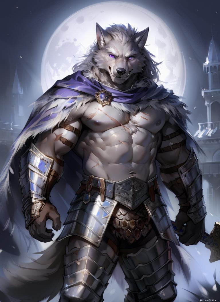 male, wolf, blaidd, (elden ring) solo, standing, wearing armor, silver ...