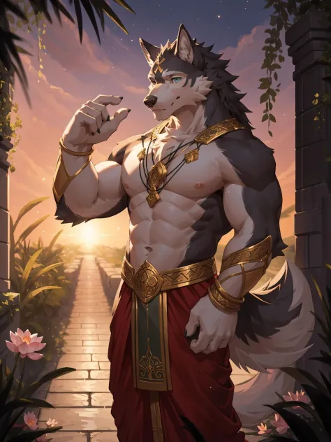 male wolf monk in the garden,dreamy background,lotus position,put one's palms together,The Sanskrit golden wheel behind it,Flying golden Sanskrit,kindness, divinity,divine light,holy light,boundless light,magnificent sunset background,octane render,gorgeous features,beautifully detailed eyes,intricate fur,detailed face,perfect skin texture,extreme details,full body view,cinematic lighting,professional lighting,centered, looking at camera,8k,shot with Hasselblad X1D-50, maximum focus, depth of field, perfect lighting, light particles,(best quality),(masterpiece),(ultra detailed),sharp focus,light particles