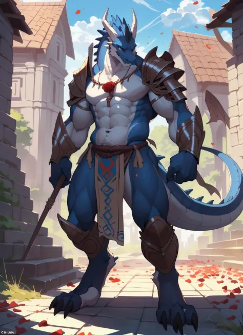 uploaded on e621, (male anthro dragon), standing, solo, muscle, detailed scale texture, old castle, (battlefield), (tribal clothing, ((long loincloth))), (shoulder armor, leg armor), (blue body, white belly), (art by chunie, (drakgem), ((rakisha)), (kontanagamori)), (front view), looking pleasured, [simple background], detailed pupils, masterpiece artwork, caustics, rim lighting, single light source, sharp shadows, solo portrait, (digitigrade), (kemono), by inessa garmash, greg rutkowski, pino daeni, ruan jia, (light particles), rose petals