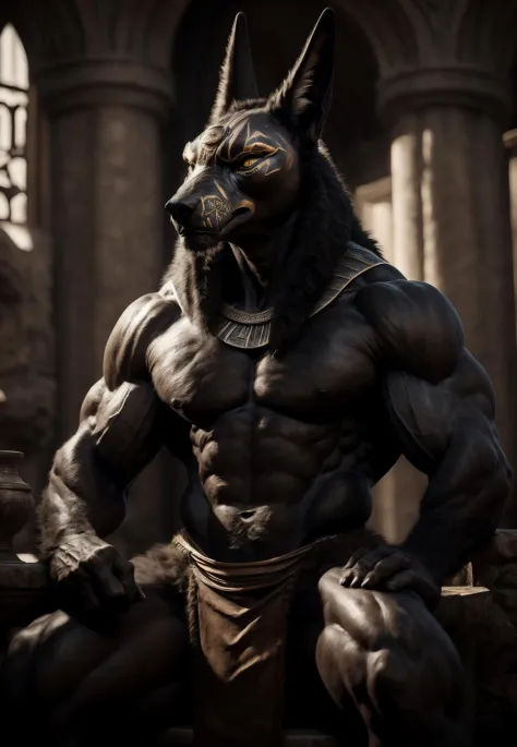 ((realistic)), upload on e621, by Garmash,Ruan Jia, darkgem, anthro, male, ((( detailed fluffy fur))), ((sitting)), detailed realistic painting, (((biceped))), (((shaded))) extreme detail, ((anubis)), loincloth, black body