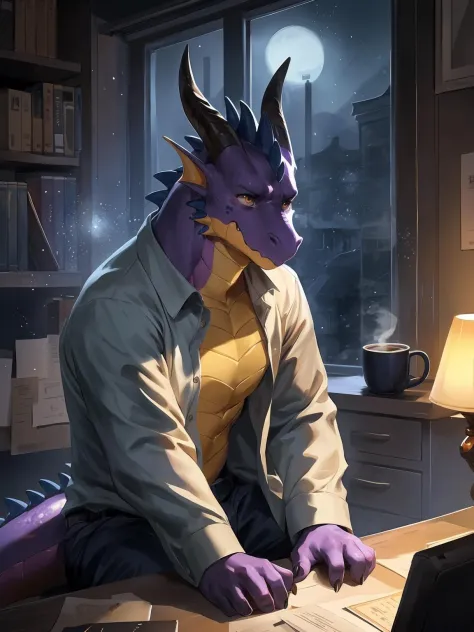 solo, male, businessman, (male anthro dragon:1.3), (purple body:1.1), yellow belly, (sitting:1.3), (kemono:1.4), (on desk:1.23), (open shirt), (sad:1.3), exhausted ,detailed eyes, dragon tail, horn, (bust portrait), (detailed eyes), (indoors:1.35), office,...