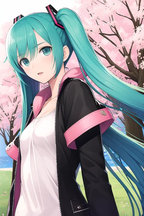 tony,1girl,solo,hatsune_miku, long hair,green hair,open jacket, cherry blossoms, cherry hair ornament, hanami, highres,  <lora:t...