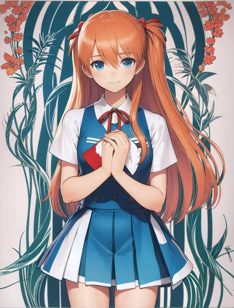 1girl, souryuu asuka langley, solo, long hair, school uniform, blue eyes, smile, white background, ribbon, shirt, simple background, own hands together, orange hair, short sleeves, skirt, red ribbon, neck ribbon, white shirt, bangs, hair between eyes, looking at viewer, tokyo-3 middle school uniform, signature, closed mouth, two side up, hair ornament, suspender skirt, suspenders, traditional media, cowboy shot, interlocked fingers, blue skirt, <lora:tony_1024:0.8>