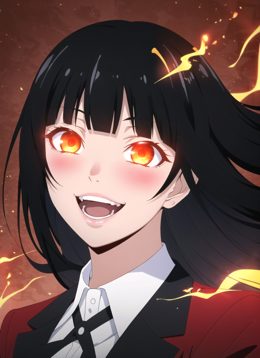 Anime girl with red eyes and black hair smiling in front of a fire - SeaArt  AI