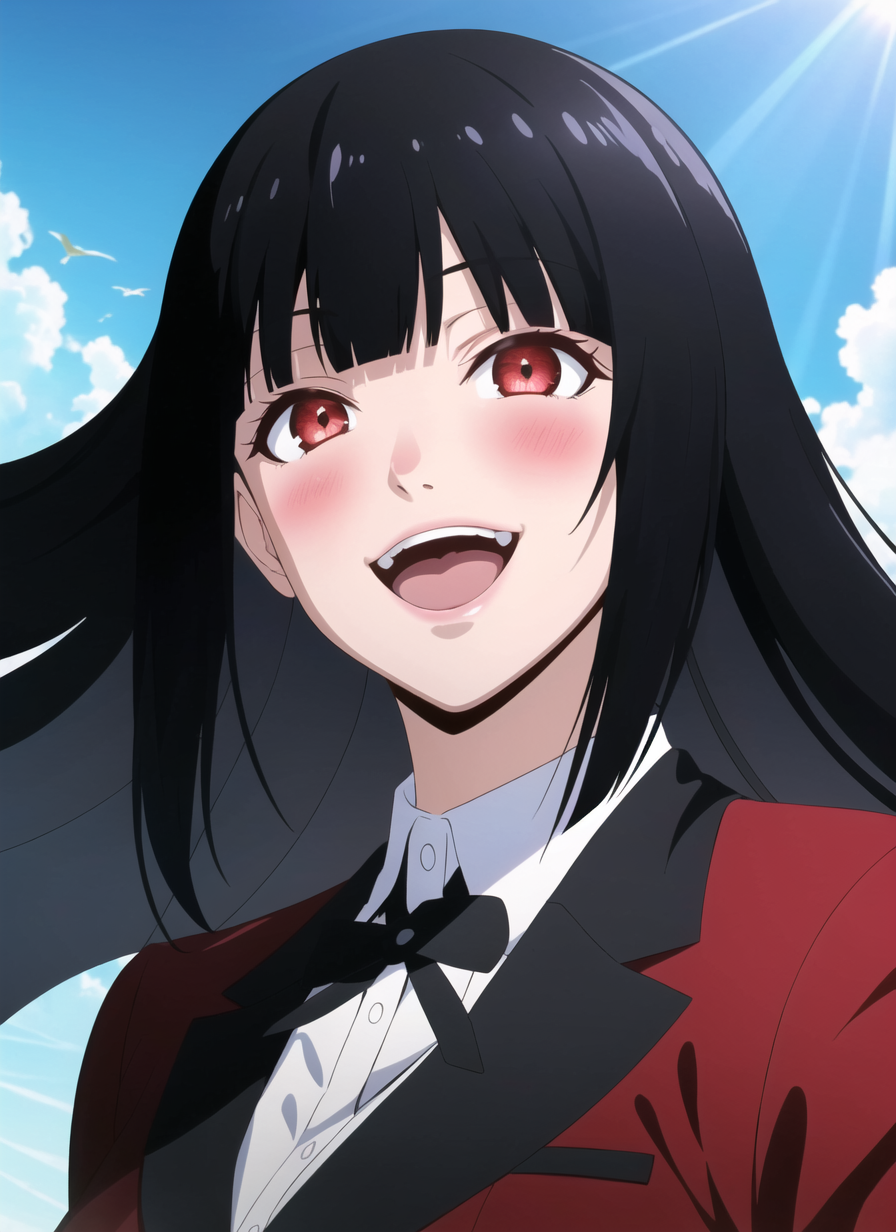 Anime girl with red eyes and black hair smiling in front of a fire - SeaArt  AI