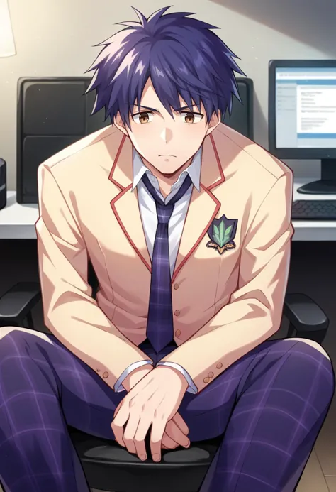 score_9, score_8_up, score_7_up, source_anime BREAK 1boy, male focus, solo,
<lora:zs_TakumiXL:1> takumichaos, short hair, blue hair, brown eyes, blazer, shirt, blue necktie, plaid pants,
sitting, computer, bedroom, dark, lights off, no windows