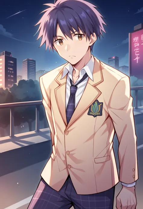 anime boy in a suit and tie standing in front of a city