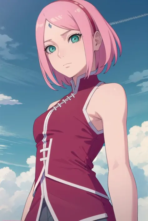 a woman with pink hair and green eyes standing in front of a blue sky