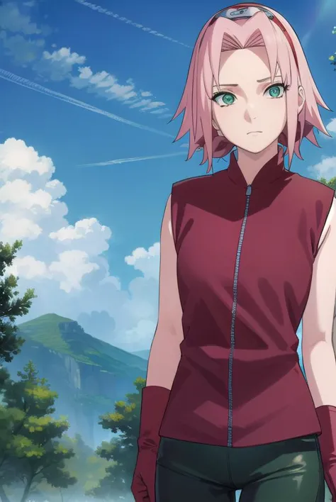 sakuraharuno, <lora:sakura haruno shippuuden-lora-nochekaiser:1>,
default sakura haruno, short hair, (green eyes:1.5), pink hair, (parted bangs:1.5), hairband, forehead protector,
BREAK gloves, green eyes, sleeveless, black gloves, (red shirt:1.5), zipper, forehead protector, konohagakure symbol, boots, bike shorts, zipper, toeless footwear,
BREAK outdoors, forest, sky, clouds, nature, sun,
BREAK looking at viewer, (cowboy shot:1.5),
BREAK <lyco:GoodHands-beta2:1>, (masterpiece:1.2), best quality, high resolution, unity 8k wallpaper, (illustration:0.8), (beautiful detailed eyes:1.6), extremely detailed face, perfect lighting, extremely detailed CG, (perfect hands, perfect anatomy),