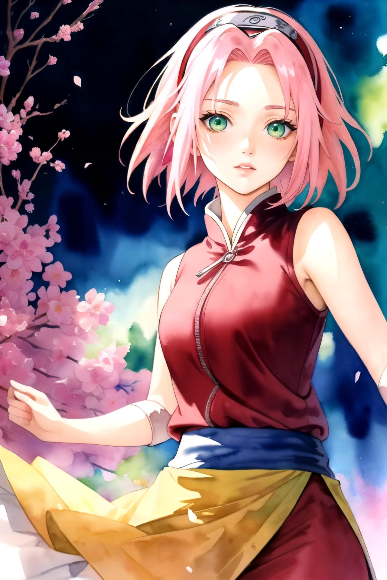 ((sakuraharuno, sakura haruno, (ojos verdes), banda para el cabello, cabello corto, cabello rosado)), (Obra maestra, Calidad superior, mejor calidad, Arte oficial, hermoso y estetico:1.2), (1 chica:1.3), Extremo detallado,vistoso,más detallado,(pintura de acuarela:1.3), mezcla óptica, patrones juguetones, textura animada, colores ricos, Efecto visual único, 1 chica