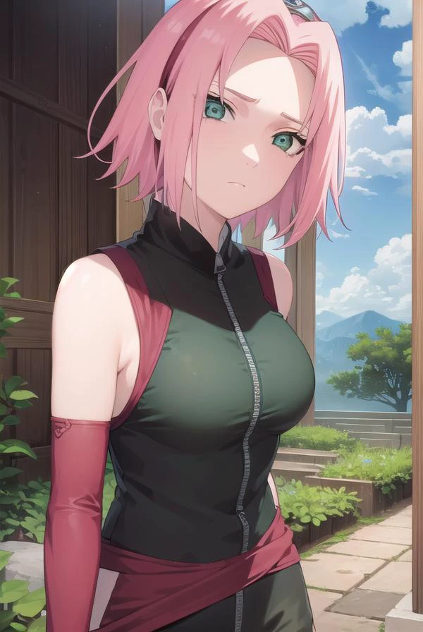 Sakura Haruno, Sakura Haruno par défaut, cheveux courts, (yeux verts:1.5), cheveux roses, (frange séparée:1.5),
CASSER gloves, yeux verts, Sans manches, gants noirs, t-shirt rouge, fermeture éclair, Protecteur de front, symbole de Konohagakure,
CASSER outdoors, forêt, ciel, des nuages, nature, Soleil,
CASSER looking at viewer, (tir de cow-boy:1.5),
CASSER (chef-d&#39;œuvre:1.2), meilleure qualité, Haute résolution, unité 8k fond d&#39;écran, (illustration:0.8), (beaux yeux détaillés:1.6), visage extrêmement détaillé, éclairage parfait, CG extrêmement détaillé, (des mains parfaites, anatomie parfaite),