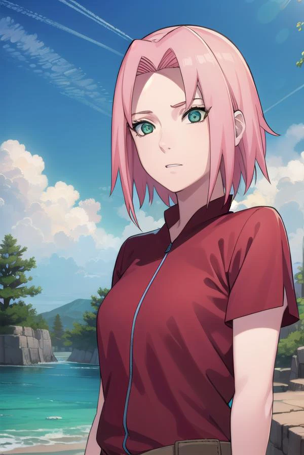 Sakura Haruno, pas de bandeau sakura haruno, cheveux courts, (yeux verts:1.5), cheveux roses,
CASSER shirt, (t-shirt rouge:1.5), manches courtes, gilet,
CASSER outdoors, forêt, ciel, des nuages, nature, Soleil,
CASSER looking at viewer, (tir de cow-boy:1.5),
CASSER (chef-d&#39;œuvre:1.2), meilleure qualité, Haute résolution, unité 8k fond d&#39;écran, (illustration:0.8), (beaux yeux détaillés:1.6), visage extrêmement détaillé, éclairage parfait, CG extrêmement détaillé, (des mains parfaites, anatomie parfaite),