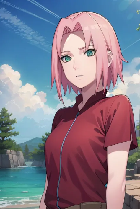 sakuraharuno, <lora:sakura haruno shippuuden-lora-nochekaiser:1>,
noheadband sakura haruno, short hair, (green eyes:1.5), pink hair,
BREAK shirt, (red shirt:1.5), short sleeves, vest,
BREAK outdoors, forest, sky, clouds, nature, sun,
BREAK looking at viewer, (cowboy shot:1.5),
BREAK <lyco:GoodHands-beta2:1>, (masterpiece:1.2), best quality, high resolution, unity 8k wallpaper, (illustration:0.8), (beautiful detailed eyes:1.6), extremely detailed face, perfect lighting, extremely detailed CG, (perfect hands, perfect anatomy),