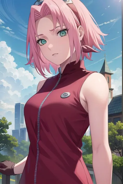 sakuraharuno, <lora:sakura haruno shippuuden-lora-nochekaiser:1>,
default sakura haruno, short hair, (green eyes:1.5), pink hair, (parted bangs:1.5),
BREAK gloves, green eyes, sleeveless, black gloves, red shirt, zipper, forehead protector, konohagakure symbol,
BREAK outdoors, forest, sky, clouds, nature, sun,
BREAK looking at viewer, (cowboy shot:1.5),
BREAK <lyco:GoodHands-beta2:1>, (masterpiece:1.2), best quality, high resolution, unity 8k wallpaper, (illustration:0.8), (beautiful detailed eyes:1.6), extremely detailed face, perfect lighting, extremely detailed CG, (perfect hands, perfect anatomy),