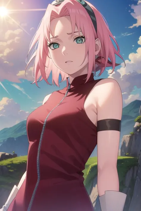 sakuraharuno, <lora:sakura haruno shippuuden-lora-nochekaiser:1>,
default sakura haruno, short hair, (green eyes:1.5), pink hair, (parted bangs:1.5),
BREAK gloves, green eyes, sleeveless, black gloves, red shirt, zipper, forehead protector, konohagakure symbol,
BREAK outdoors, forest, sky, clouds, nature, sun,
BREAK looking at viewer, (cowboy shot:1.5),
BREAK <lyco:GoodHands-beta2:1>, (masterpiece:1.2), best quality, high resolution, unity 8k wallpaper, (illustration:0.8), (beautiful detailed eyes:1.6), extremely detailed face, perfect lighting, extremely detailed CG, (perfect hands, perfect anatomy),