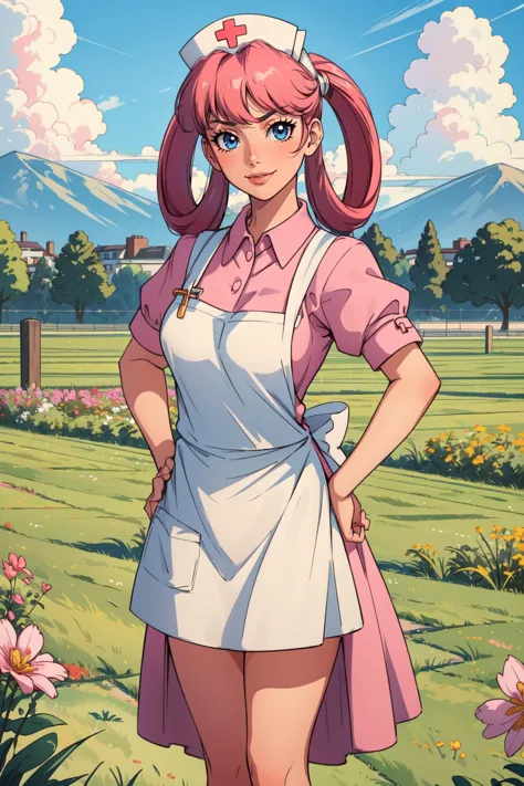 (masterpiece, best quality),  intricate details,
1girl,   nurse joy, hair rings, bangs, nurse cap, pink collared dress, apron
outdoors, grass,  hands on hips, smug,