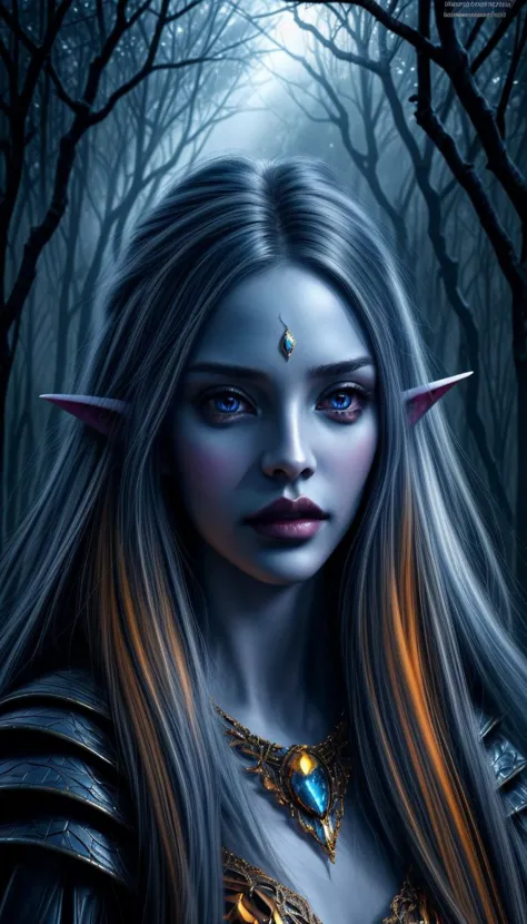 (best quality:1.4), (ultra highres:1.2), (photorealistic:1.4), (8k, RAW photo:1.2), ultra detailed, digital art piece of a beautiful, feminine, elegant, and graceful drow elf, featuring the fine detail and texture reminiscent of modern digital surreal paintings. She has a feminine and majestic appearance, with (shining amber colored highly detailed eyes looking at viewer:1.4) and full lips. Her skin is a unique blue shade, and her ears are subtly pointed. The background features  a mystical dimension, framed by plants and trees, rendered with a dream-like quality. Use HDR techniques to enhance the vibrancy and depth of the image. Sidelighting should be employed to dramatically illuminate the subject, emphasizing the intricate details of her face and the surreal environment. full lips, big lips, gorgeous lips,  wlop, drow, blue skin, (pointy ears:0.4)