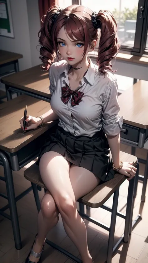 anime girl sitting on a desk with a pencil in her hand