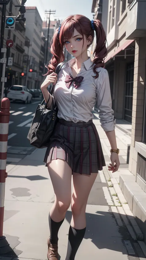 arafed woman in a skirt and shirt walking down a street