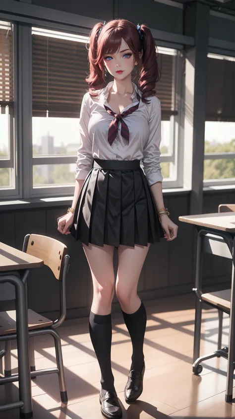 there is a woman in a school uniform posing for a picture