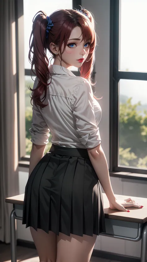 a close up of a woman in a skirt and shirt posing