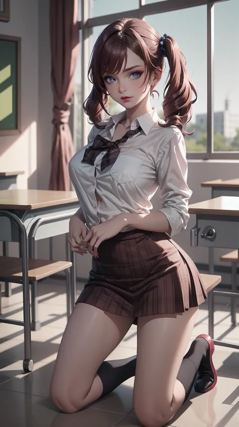 anime girl in school uniform sitting on a desk in a classroom