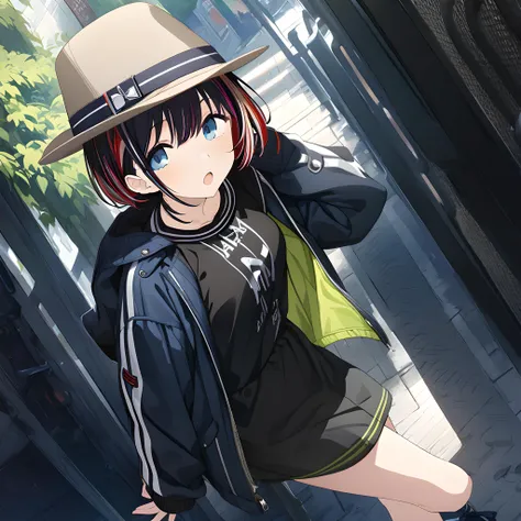 (masterpiece),(best quality),(ultra-detailed),(best illustration),(best shadow),(absurdres),(detailed background),(very aesthetic),asahi serizawa, casualoutfit, 1girl, solo, jacket, blue eyes, hat, black background, open mouth, shirt, jewelry, multicolored hair<lora:asahiserizawa:1>