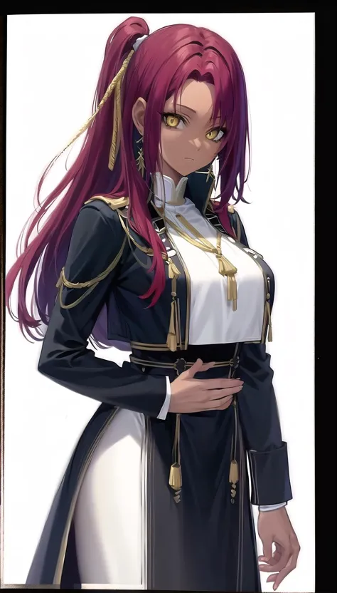 side ponytail, red hair, yellow eyes,dark-skinned female,
hair ribbon, earrings,
(cassock:1.28),
lady,mature female, cowboy shot,
(white background,simple background:1.18),
highres,official art,original,masterpiece,best quality,
(huge breasts:0.8),
<lora:æ³è¦æä¸ºå½±ä¹å®åè-å¦®å¨:0.8>